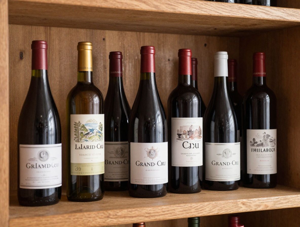 Внушительная коллекция редких вин в погребе с деревянными стеллажами, приглушённым освещением и бутылками Bordeaux Grand Cru