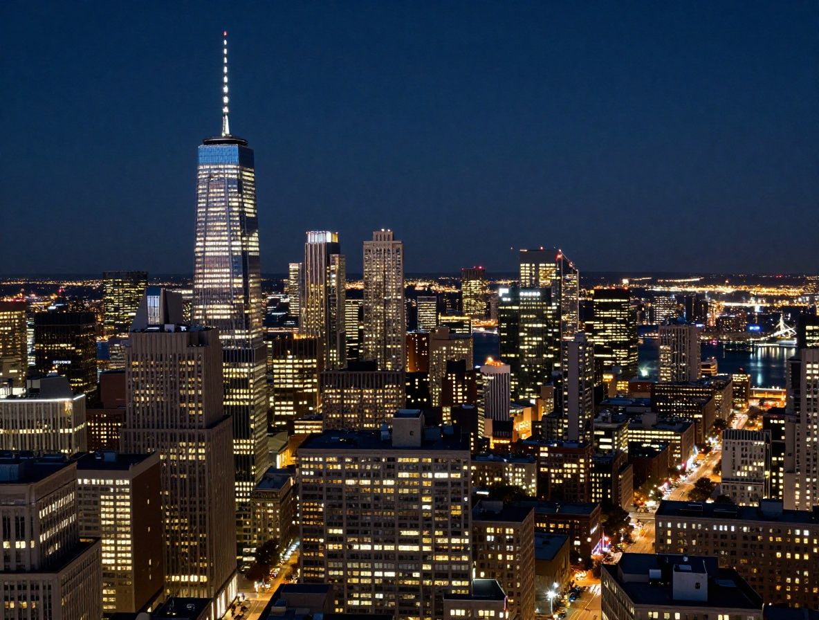 Панорамный ночной вид на Бостон с небоскрёбами Бэк Бэй, отражением огней в реке Чарльз и освещёнными улицами