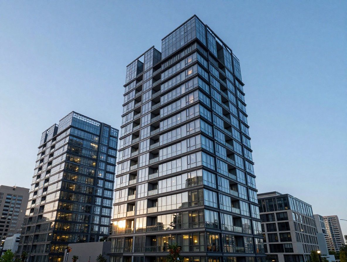 Роскошный многоэтажный жилой комплекс в Бостоне с видом на гавань, стеклянный фасад, вечернее освещение