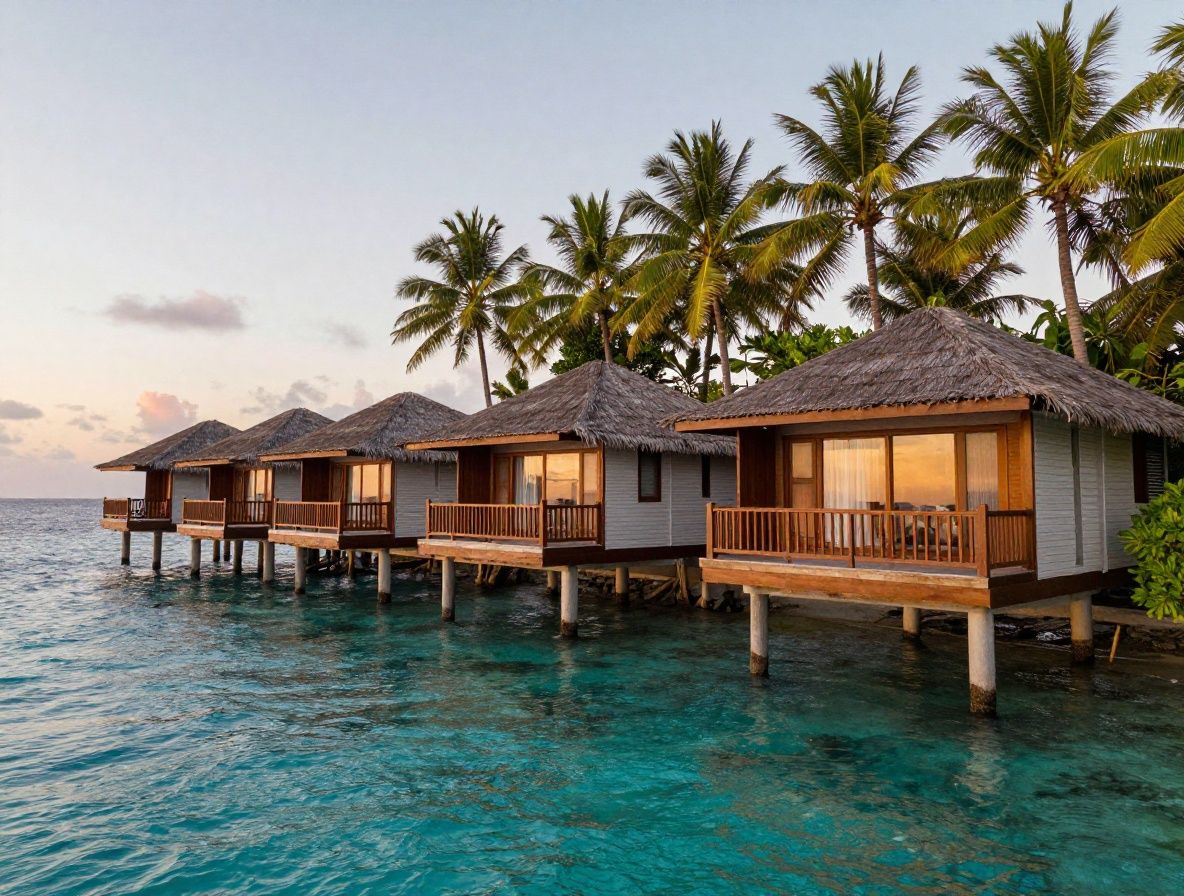 Бунгало на сваях над лазурной водой Мальдив на закате, тропические пальмы на заднем плане