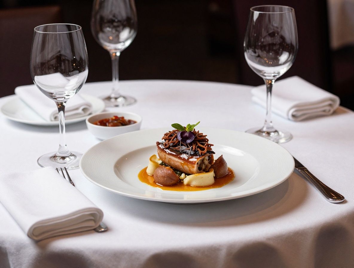 Сервированный стол в мишленовском ресторане с хрустальными бокалами, белыми скатертями и изысканным блюдом haute cuisine