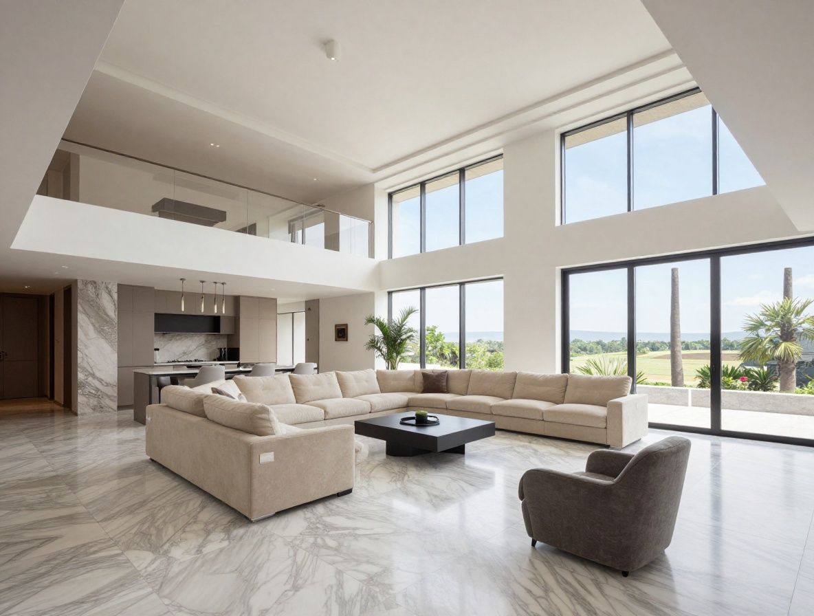 Интерьер элитного пентхауса с высокими потолками, дизайнерской мебелью итальянского производства, мраморными полами и панорамными окнами от пола до потолка