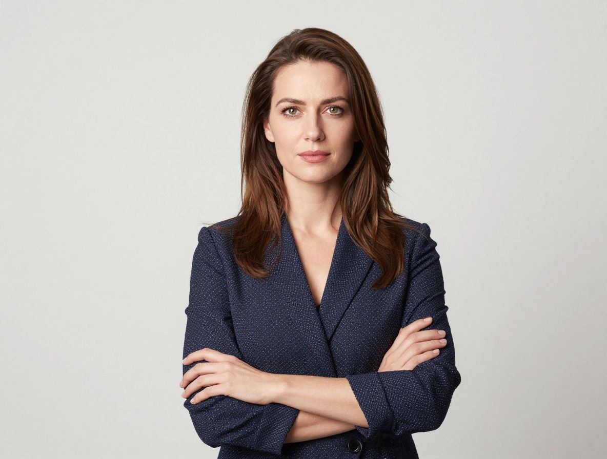 Профессиональный портрет женщины-редактора в деловом костюме с уверенным взглядом, нейтральный светлый фон, студийное освещение