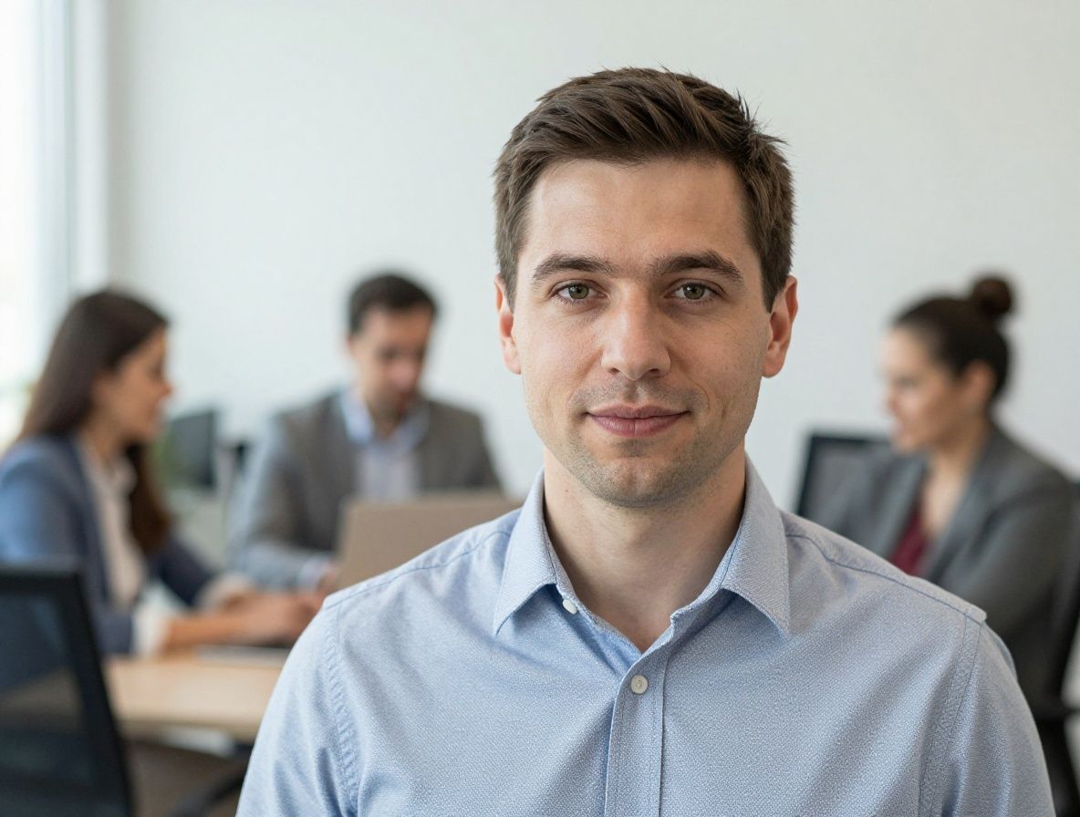 Портрет мужчины-журналиста в белой рубашке, доброжелательная улыбка, современный офисный фон с размытием