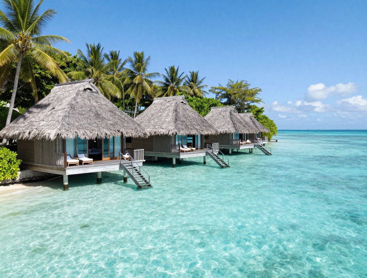 Водная вилла на Бора-Бора с видом на гору Отеману, прозрачная бирюзовая лагуна, частная терраса с лестницей в воду