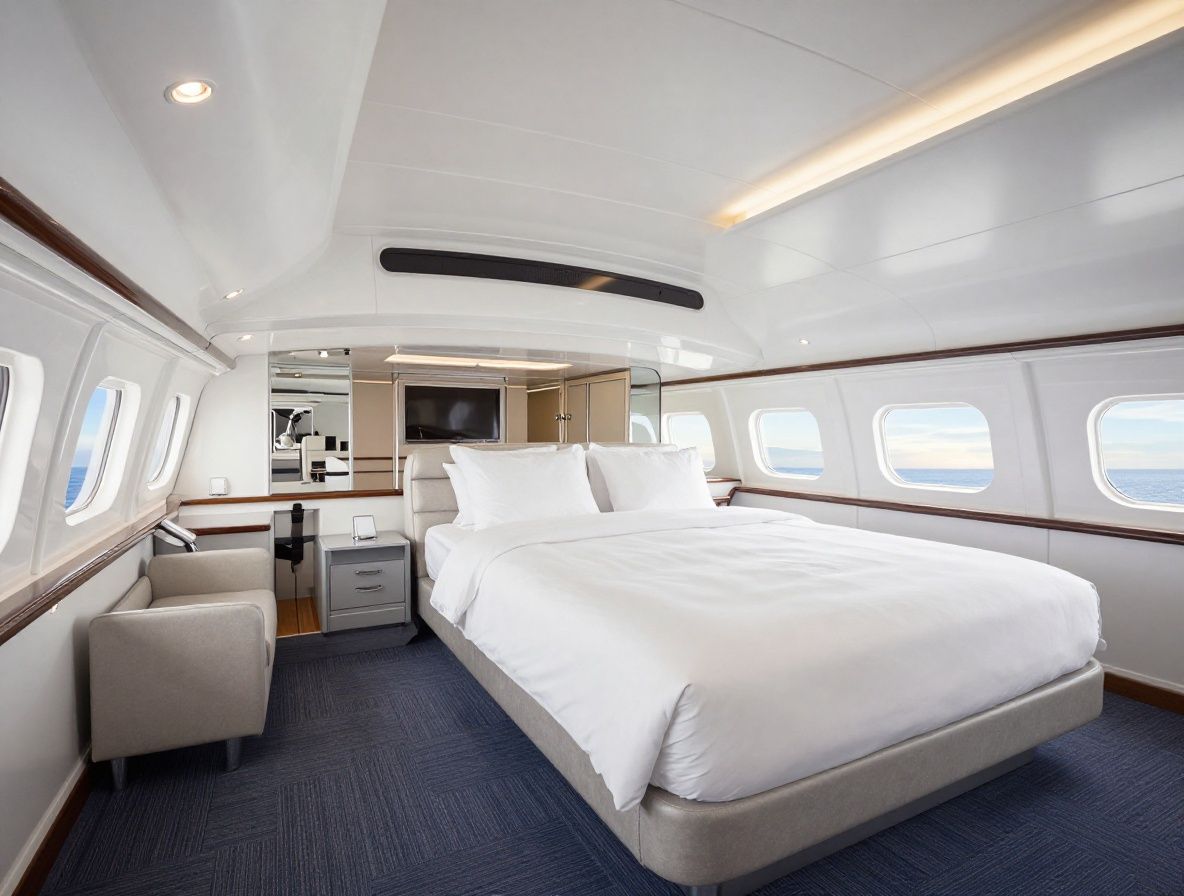 Роскошный круизный лайнер класса люкс в открытом море на закате, белый корпус, балконы в каютах, бассейн на верхней палубе