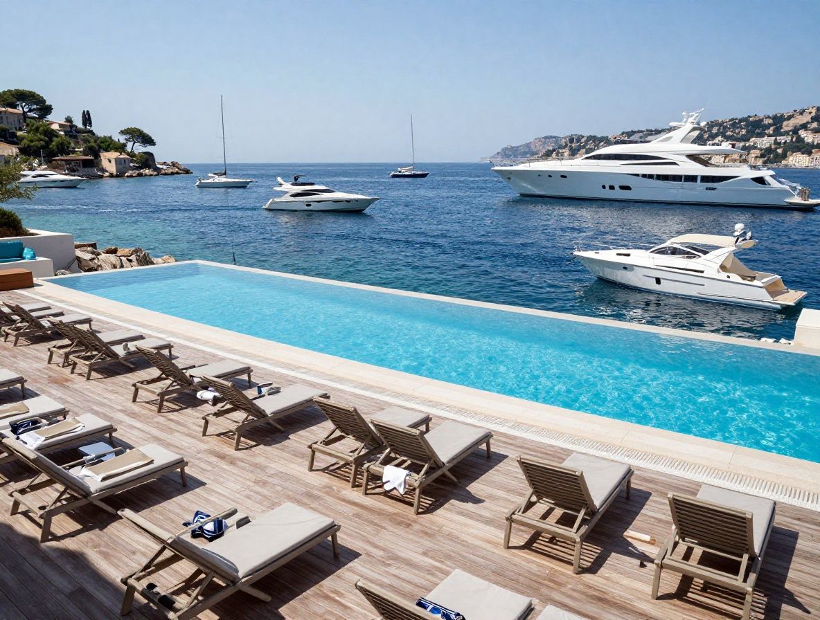 Роскошный курорт на Французской Ривьере с видом на Средиземное море, бассейн-инфинити на террасе, шезлонги и яхты вдали