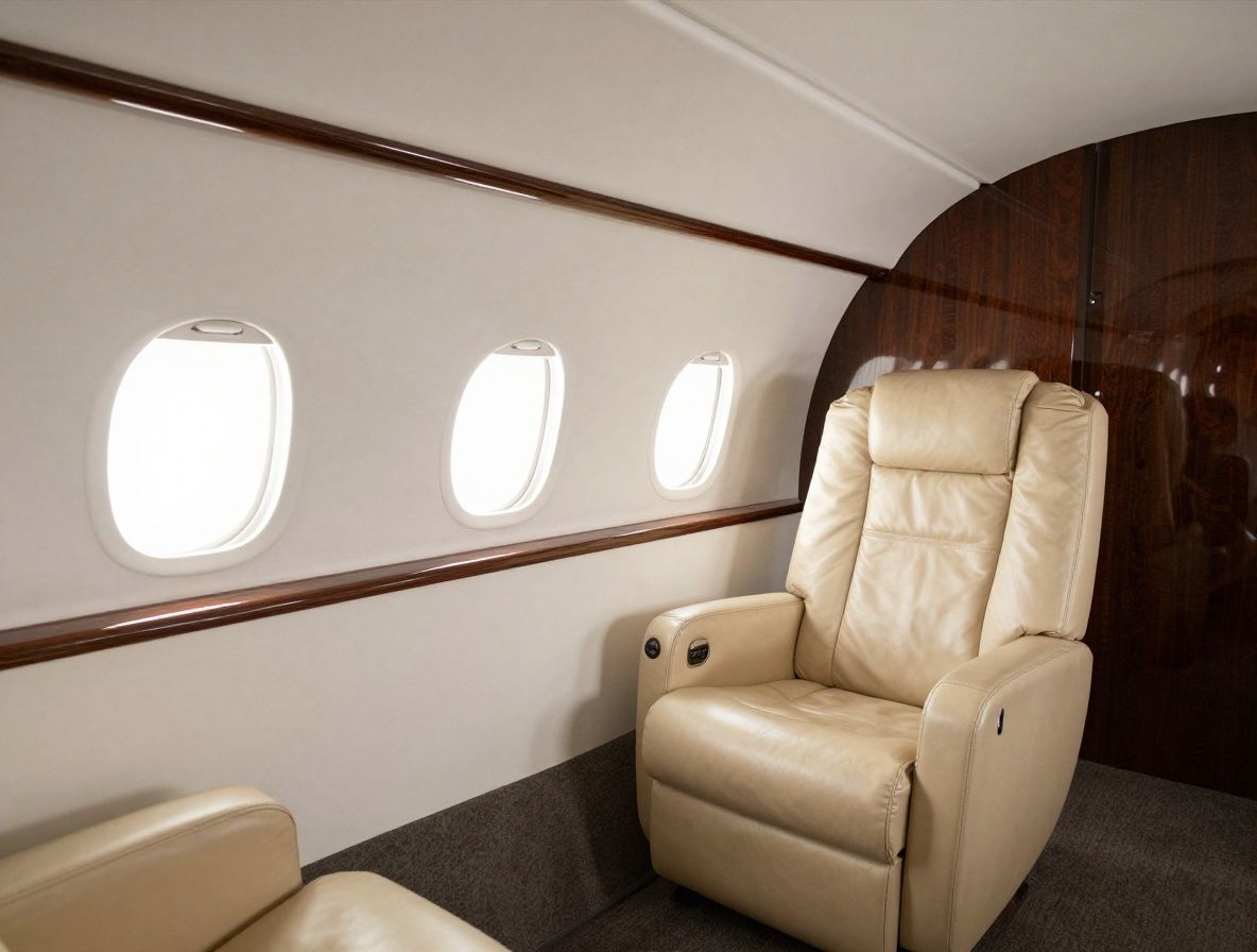 Интерьер частного бизнес-джета Gulfstream с кожаными креслами бежевого цвета, деревянной отделкой, панелью управления и панорамными окнами