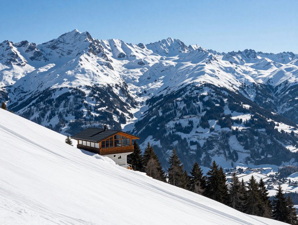 Роскошное шале в швейцарских Альпах с панорамным остеклением, снежные вершины, горнолыжные склоны, вид на долину